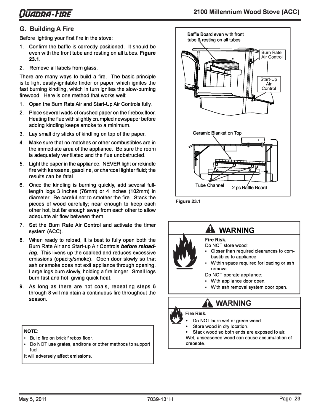 Quadra-Fire 21M-ACC owner manual Millennium Wood Stove ACC, G. Building A Fire 