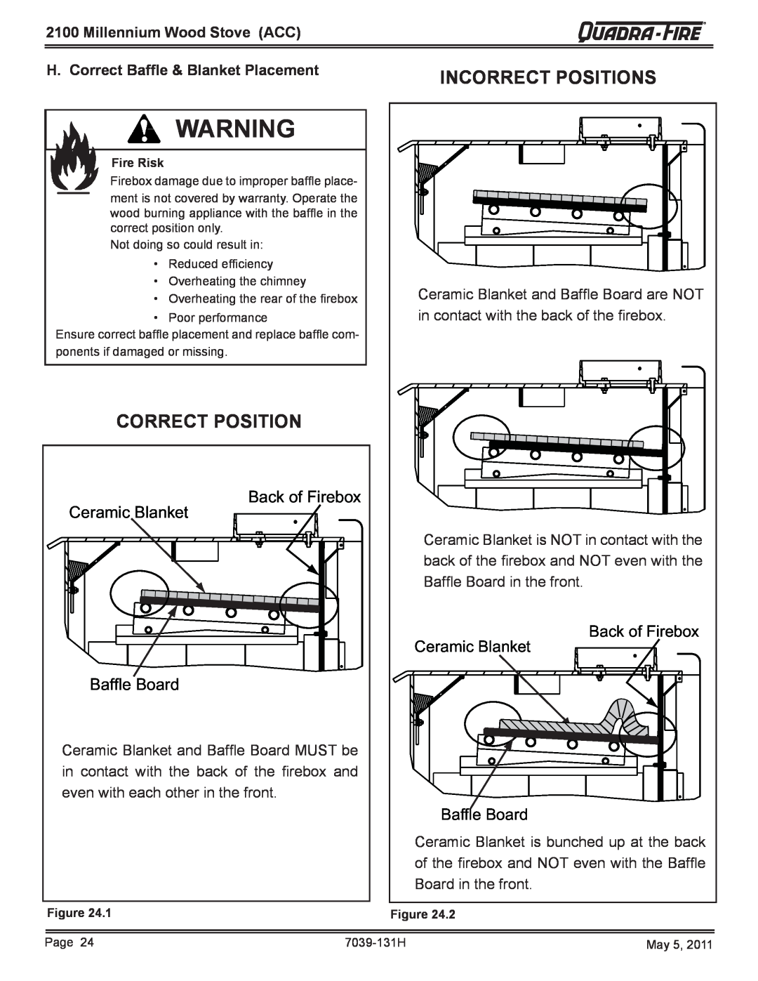 Quadra-Fire 21M-ACC owner manual Incorrect Positions, Correct Position, Ceramic Blanket, Back of Firebox, Baffle Board 