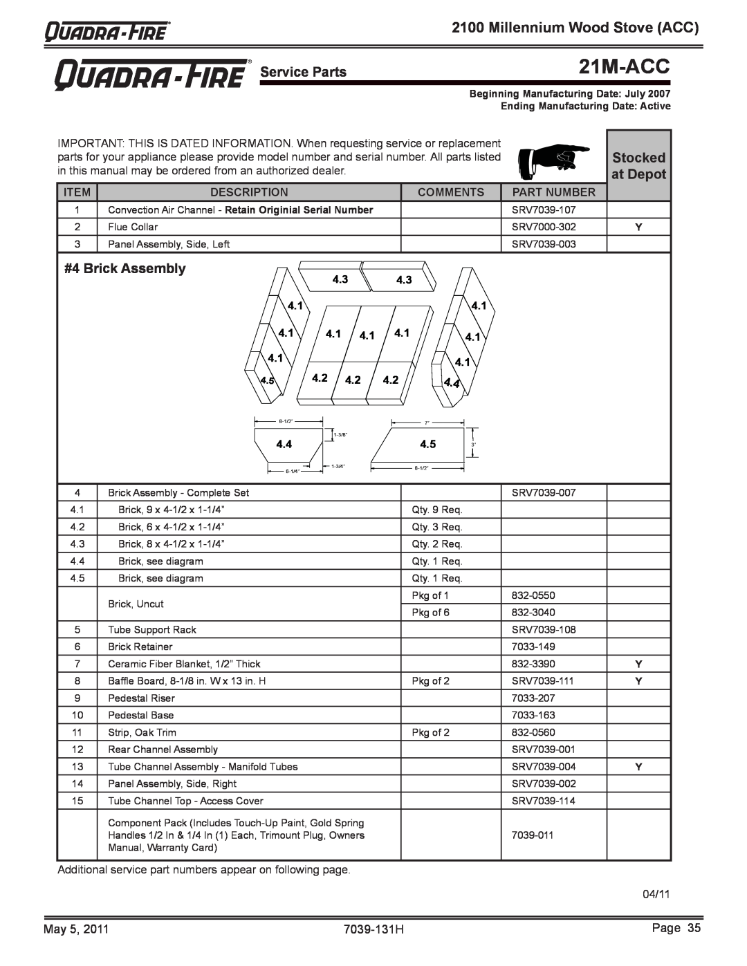 Quadra-Fire 21M-ACC owner manual #4 Brick Assembly, Millennium Wood Stove ACC, Description, Comments, Part Number, 4.1 