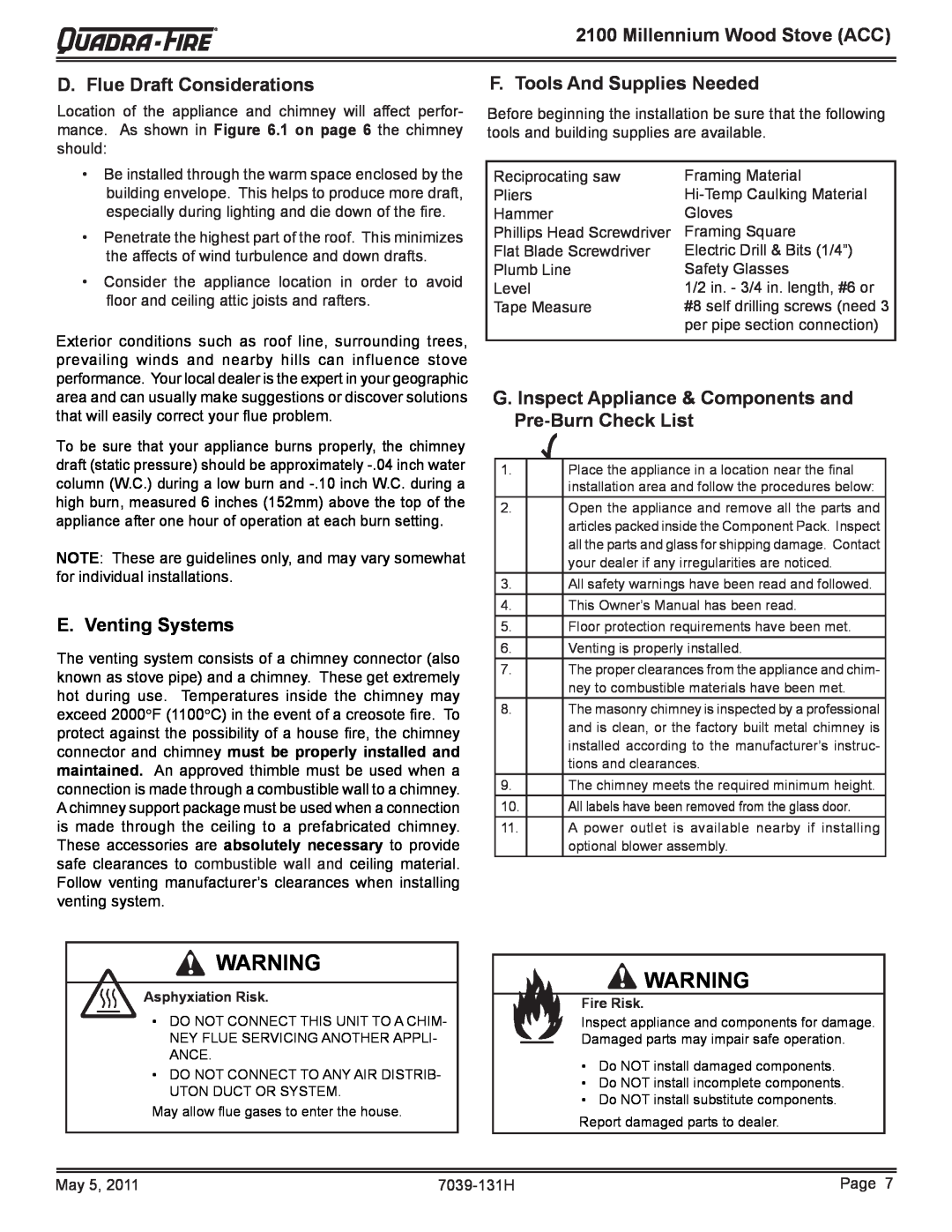 Quadra-Fire 21M-ACC Millennium Wood Stove ACC, D. Flue Draft Considerations, E. Venting Systems, Pre-BurnCheck List 