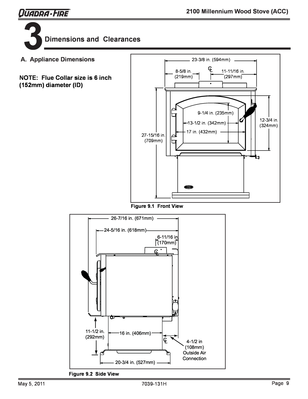 Quadra-Fire 21M-ACC Dimensions and Clearances, Millennium Wood Stove ACC, A. Appliance Dimensions, 1 Front View 