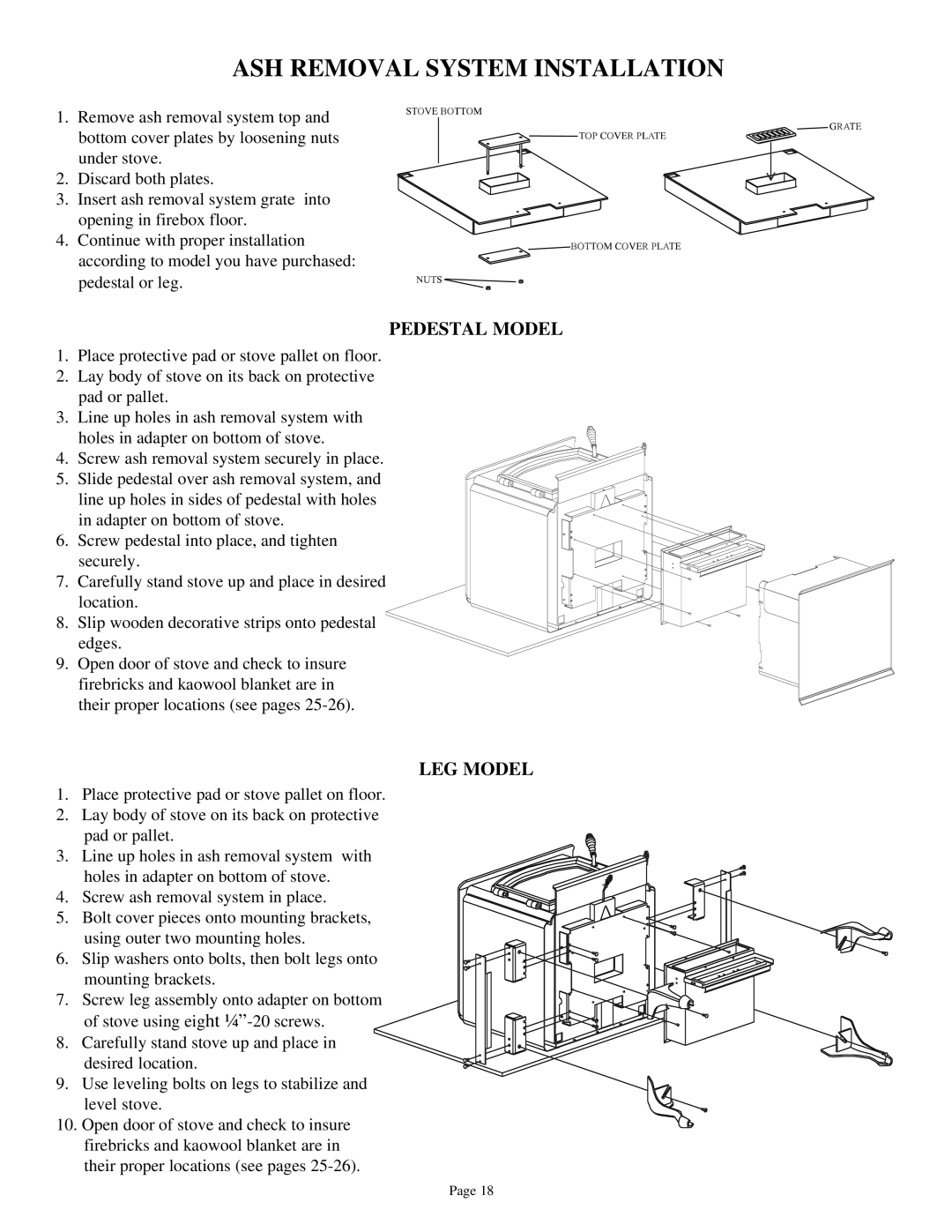 Quadra-Fire 3100 owner manual ASH Removal System Installation, Pedestal Model, LEG Model 