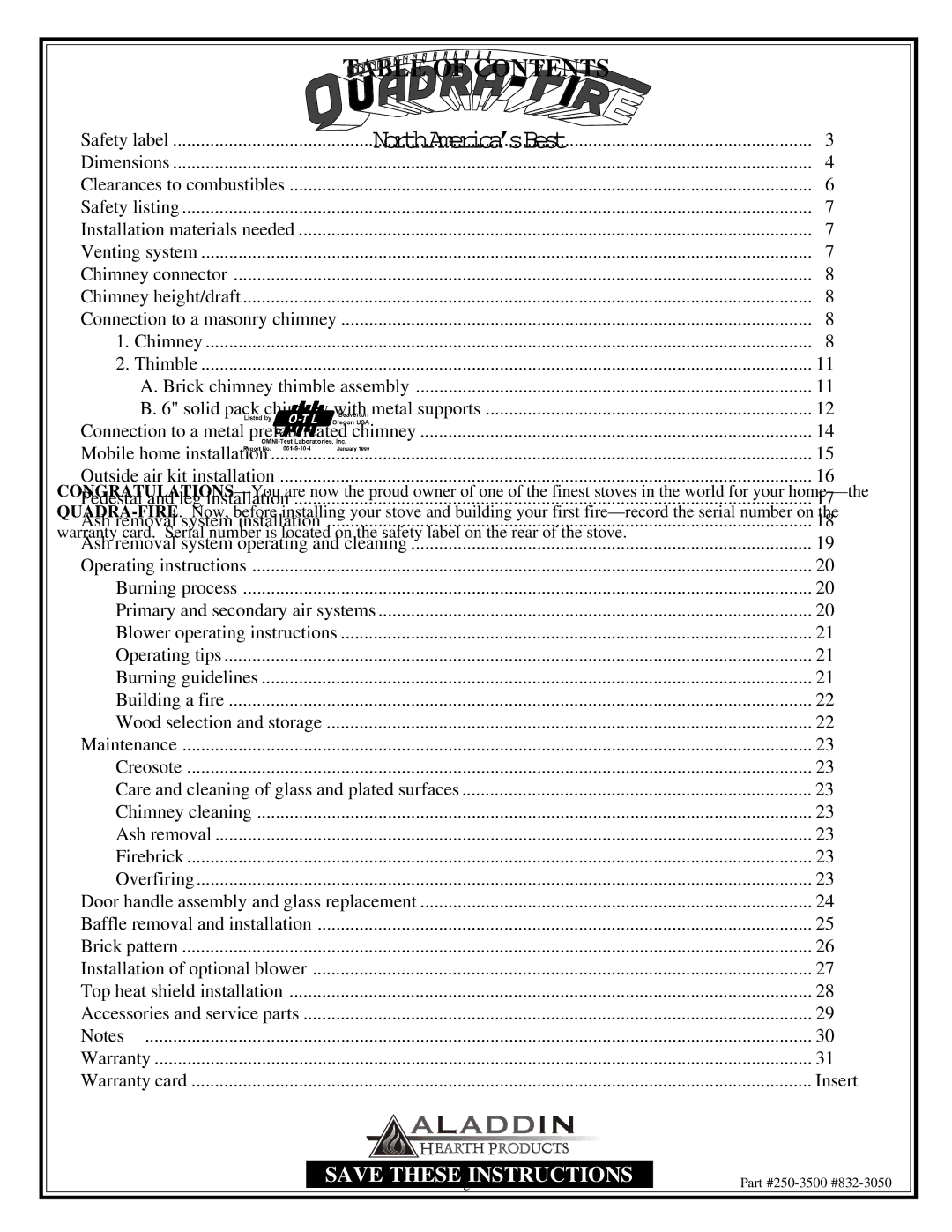 Quadra-Fire 3100 owner manual Table of Contents 