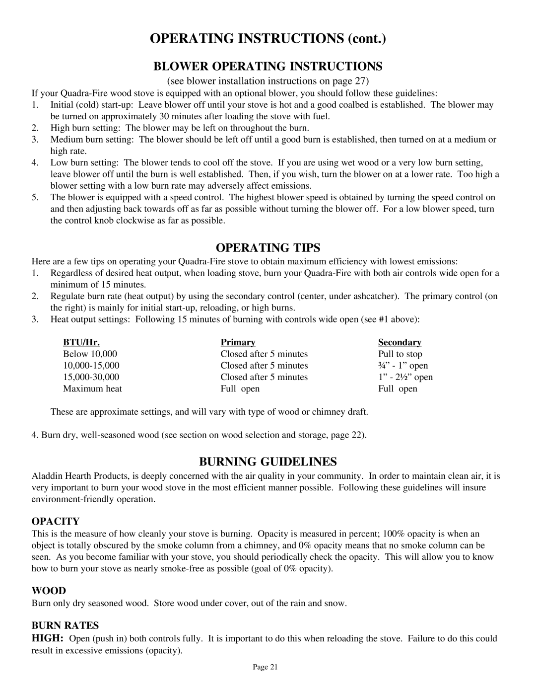 Quadra-Fire 3100 owner manual Blower Operating Instructions, Operating Tips, Burning Guidelines 