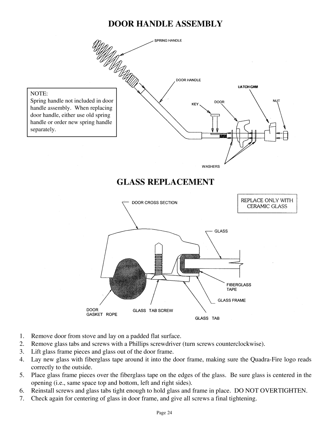 Quadra-Fire 3100 owner manual Door Handle Assembly, Glass Replacement 