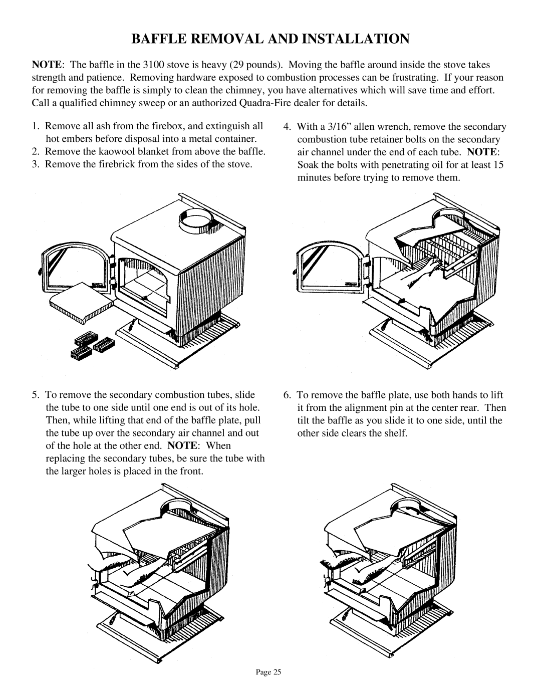 Quadra-Fire 3100 owner manual Baffle Removal and Installation 