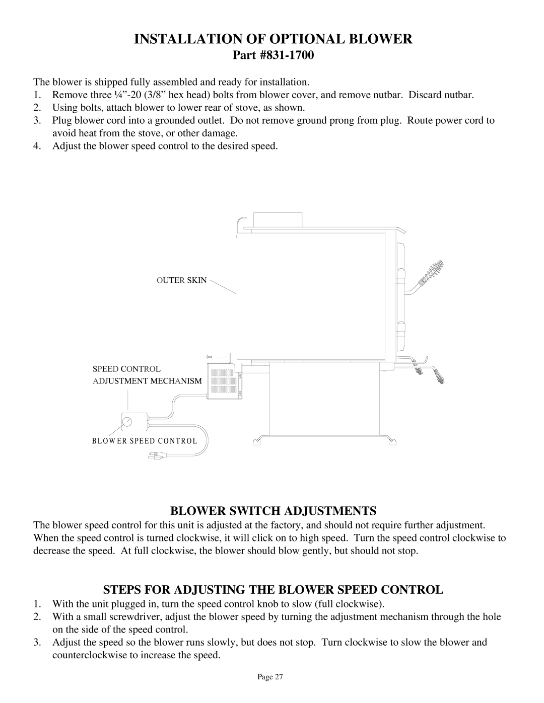 Quadra-Fire 3100 Installation of Optional Blower, Blower Switch Adjustments, Steps for Adjusting the Blower Speed Control 