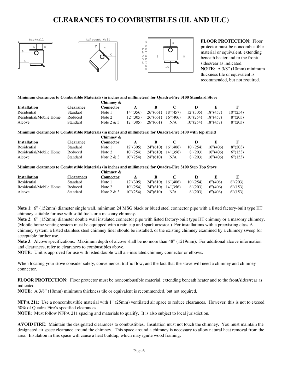 Quadra-Fire 3100 owner manual Clearances to Combustibles UL and ULC 