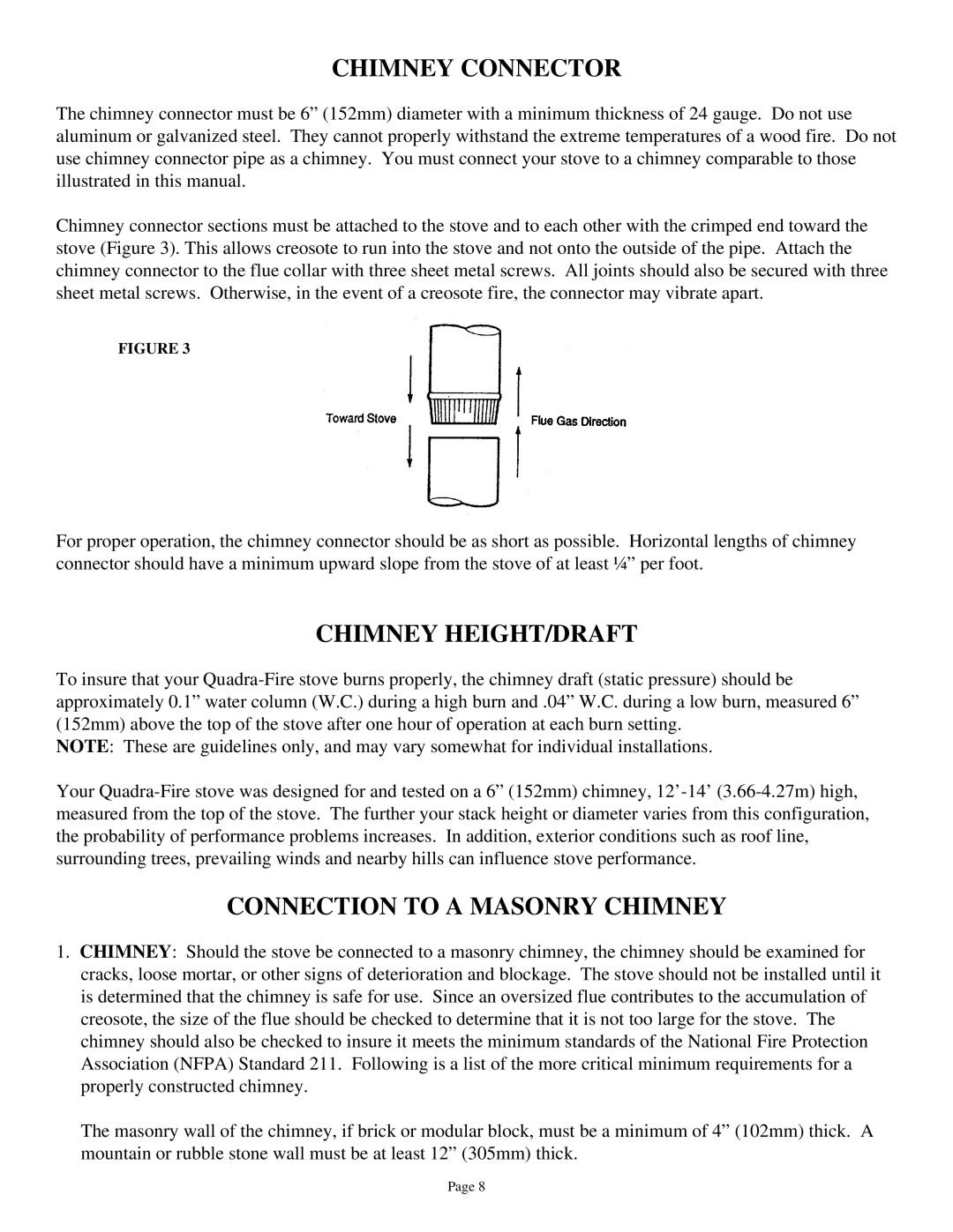 Quadra-Fire 3100 owner manual Chimney Connector, Chimney HEIGHT/DRAFT, Connection to a Masonry Chimney 