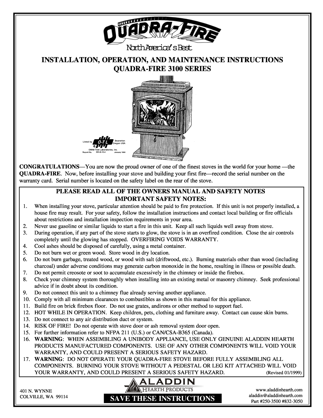 Quadra-Fire 3100 owner manual NorthAmerica’sBest, Installation, Operation, And Maintenance Instructions 