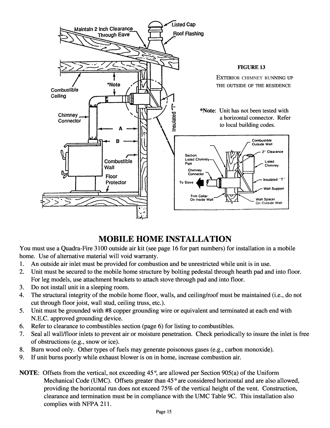 Quadra-Fire 3100 owner manual Mobile Home Installation 