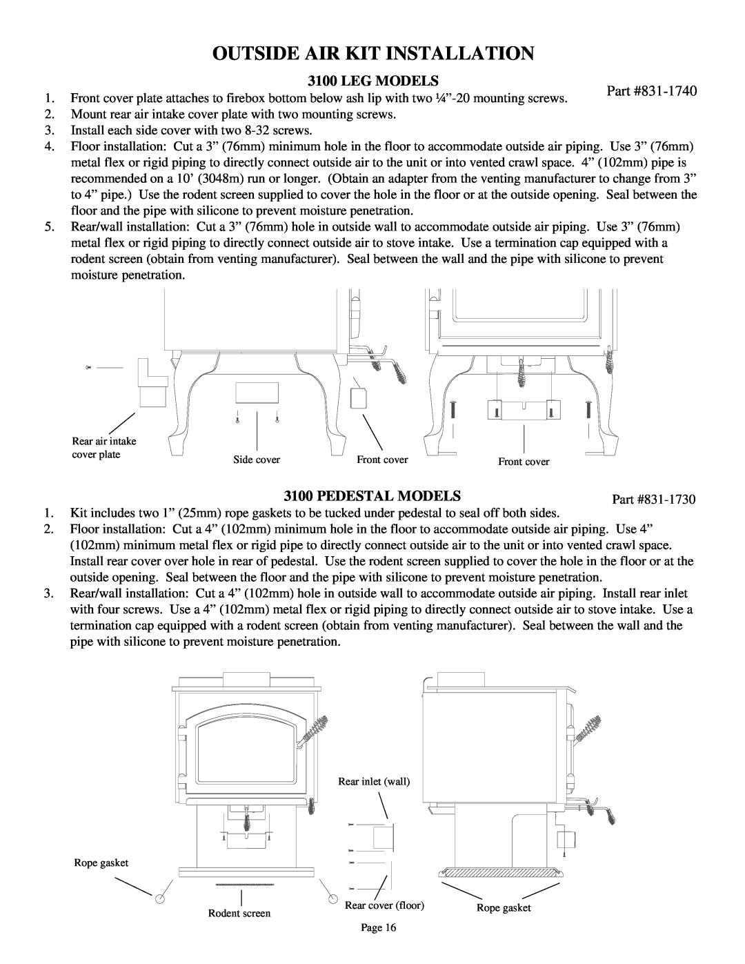 Quadra-Fire 3100 owner manual Outside Air Kit Installation, Leg Models, Pedestal Models 