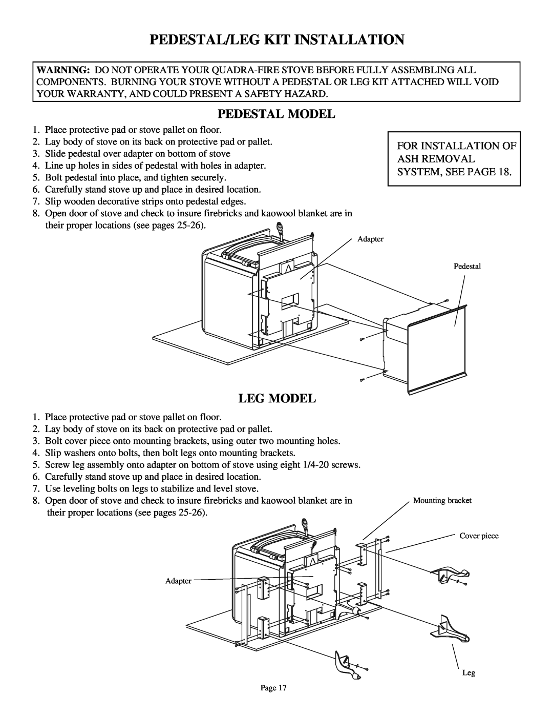 Quadra-Fire 3100 owner manual Pedestal/Leg Kit Installation, Pedestal Model, Leg Model 