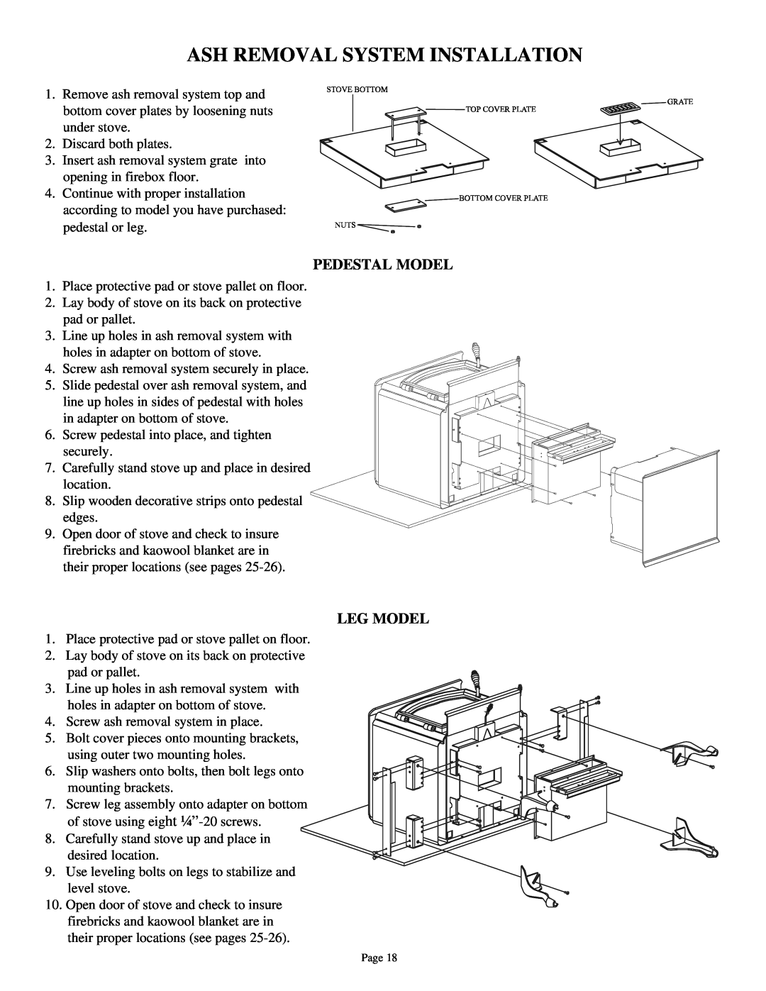 Quadra-Fire 3100 owner manual Ash Removal System Installation, Pedestal Model, Leg Model 