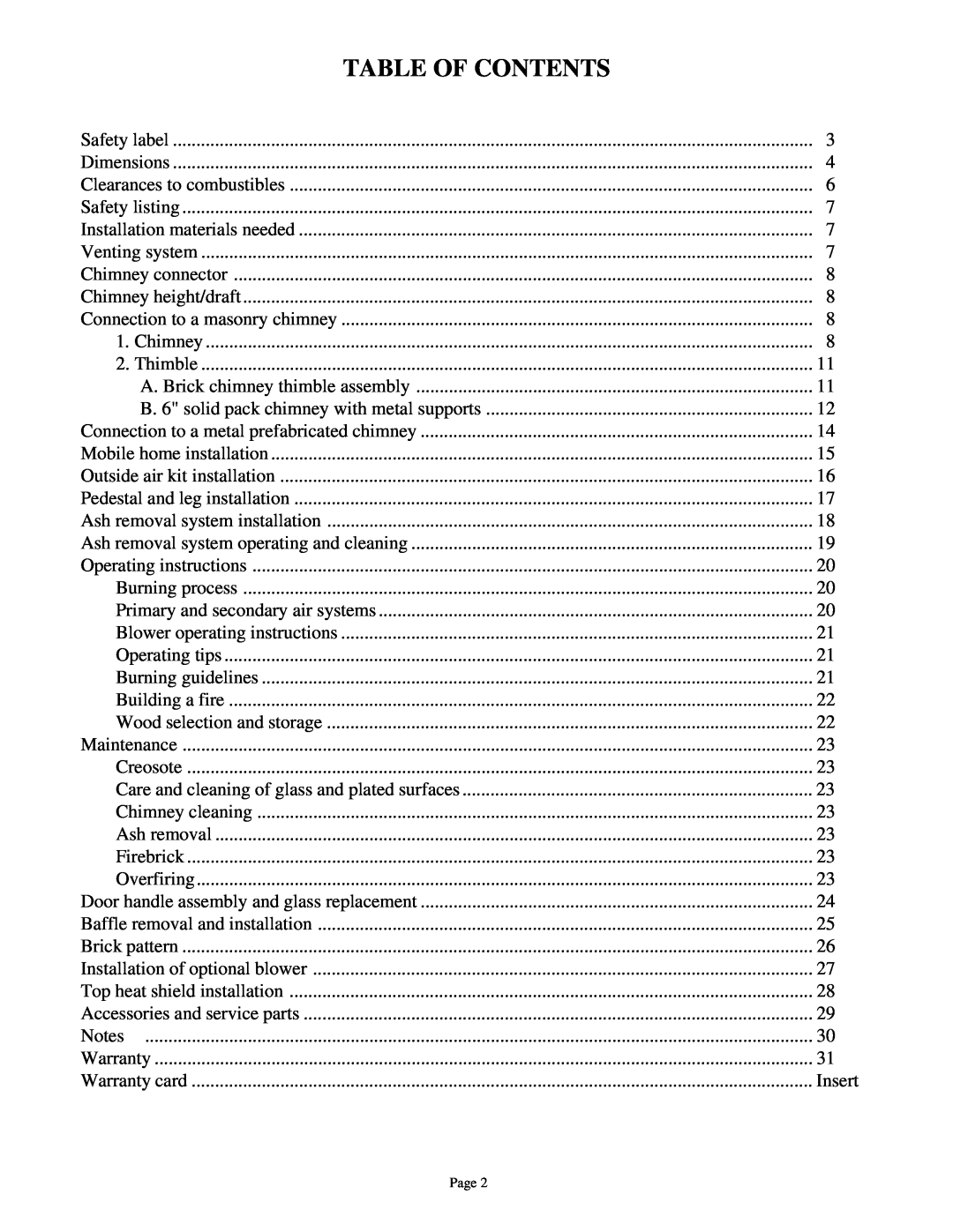Quadra-Fire 3100 owner manual Table Of Contents 