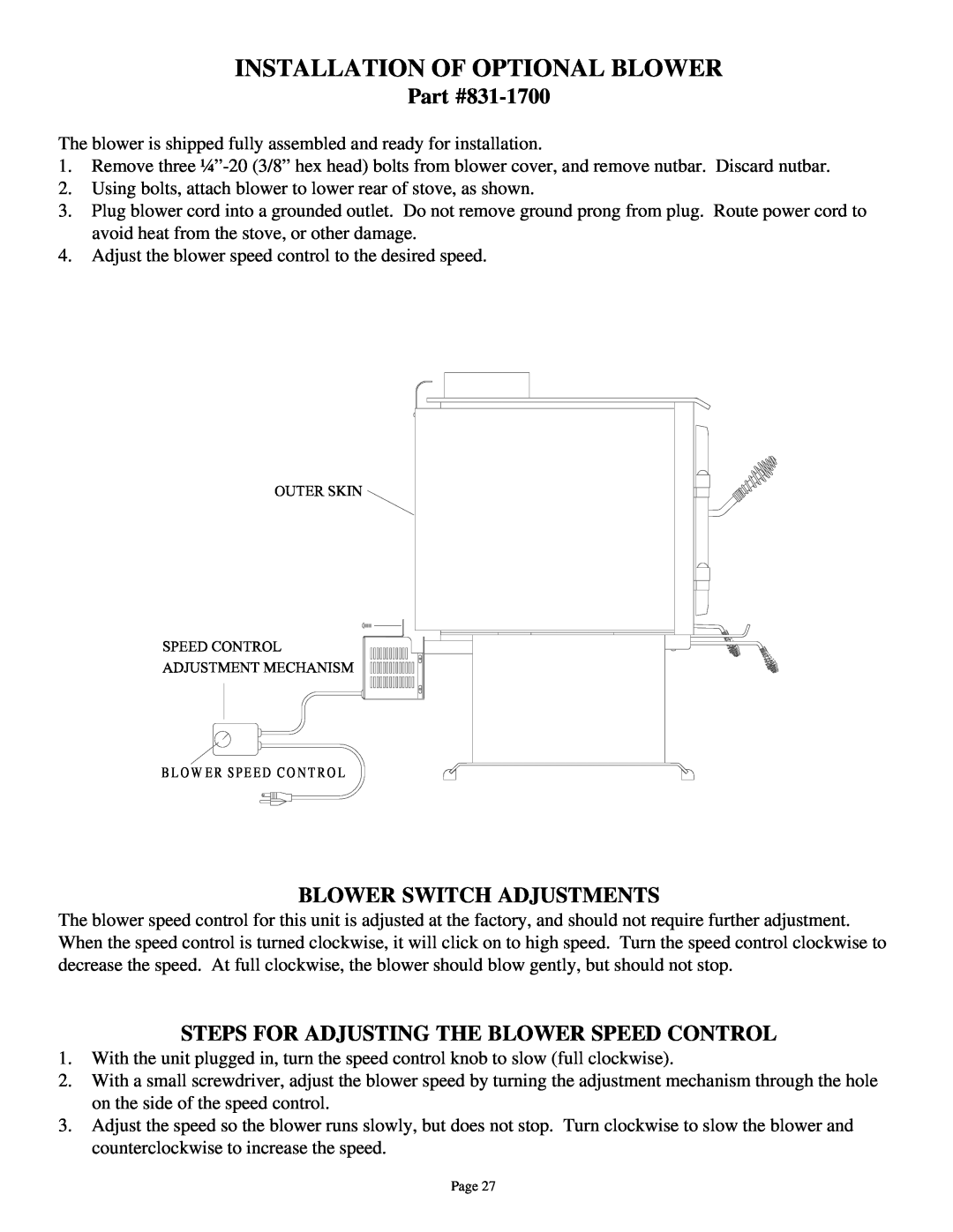 Quadra-Fire 3100 owner manual Installation Of Optional Blower, 831-1700, Blower Switch Adjustments 