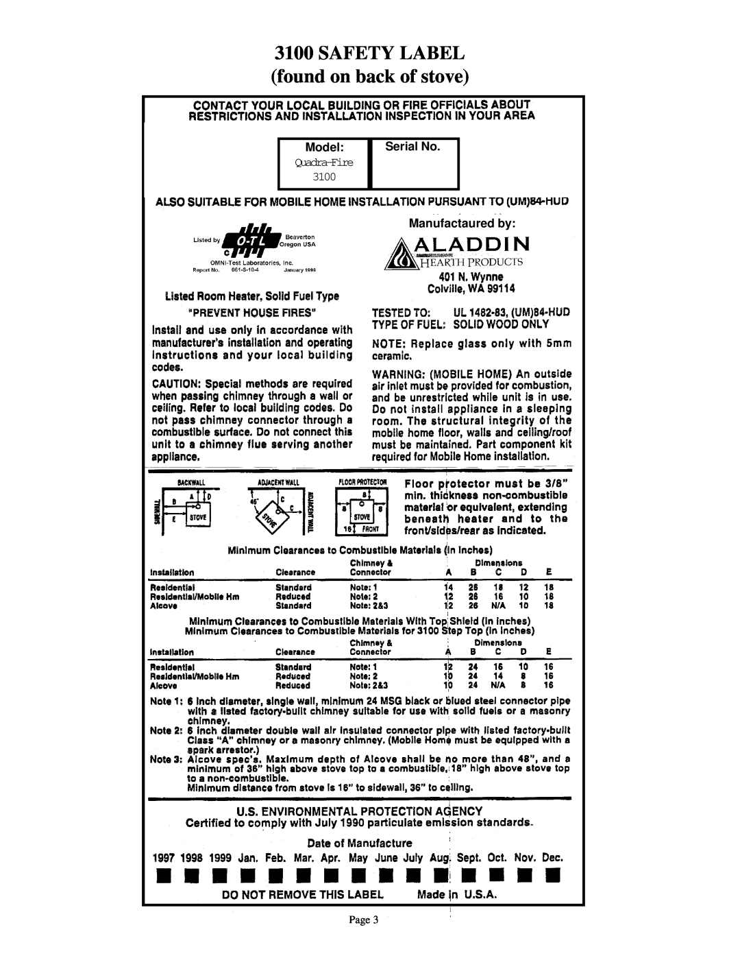 Quadra-Fire 3100 owner manual SAFETY LABEL found on back of stove, Model, Quadra-Fire, Serial No, Manufactaured by 