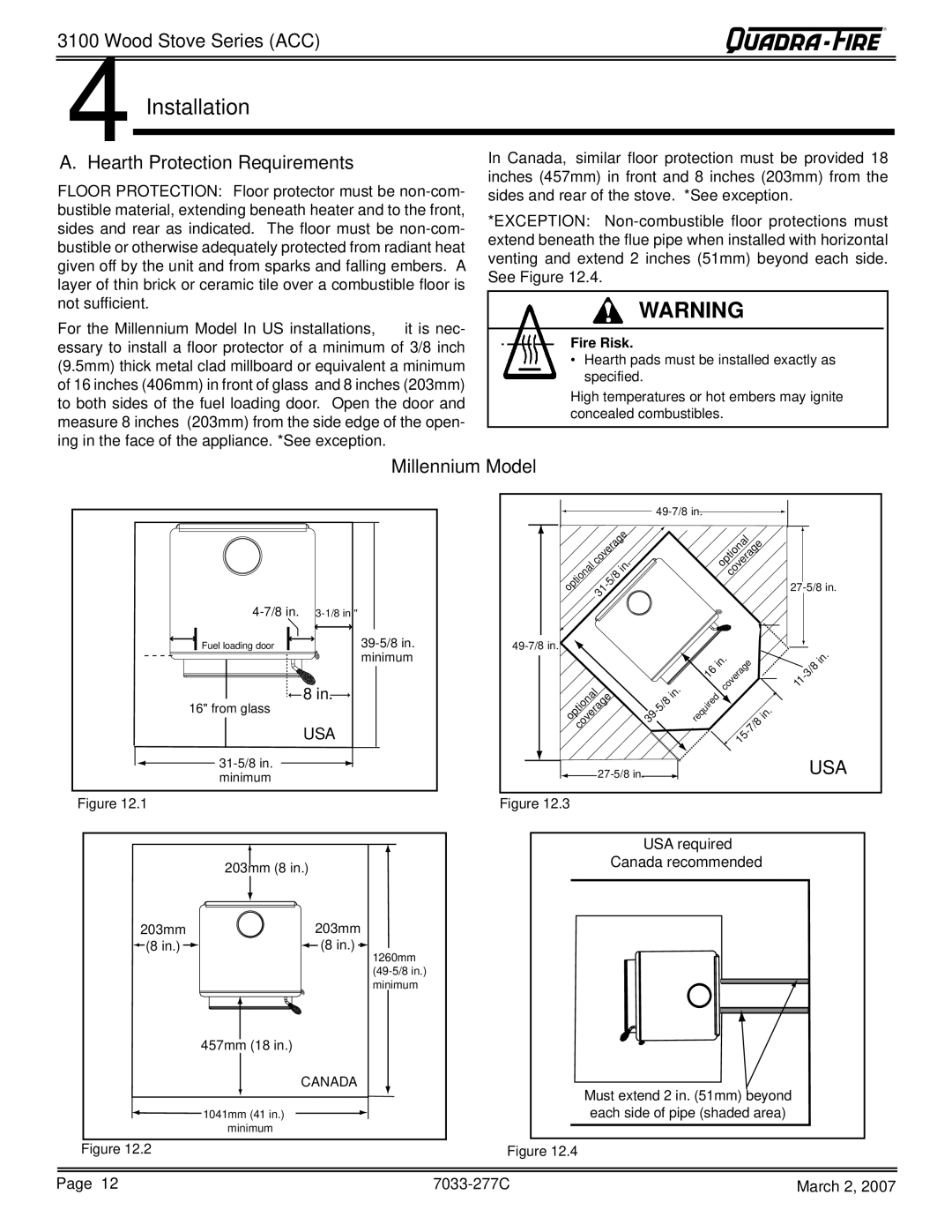 Quadra-Fire 31ST-ACC, 31M-ACC-GT, 31M-ACC-NT Installation, Hearth Protection Requirements, Millennium Model, See Figure 