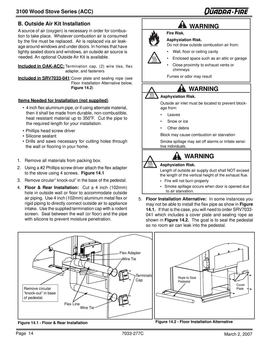 Quadra-Fire 31M-ACC-NT Wood Stove Series ACC Outside Air Kit Installation, Items Needed for Installation not supplied 