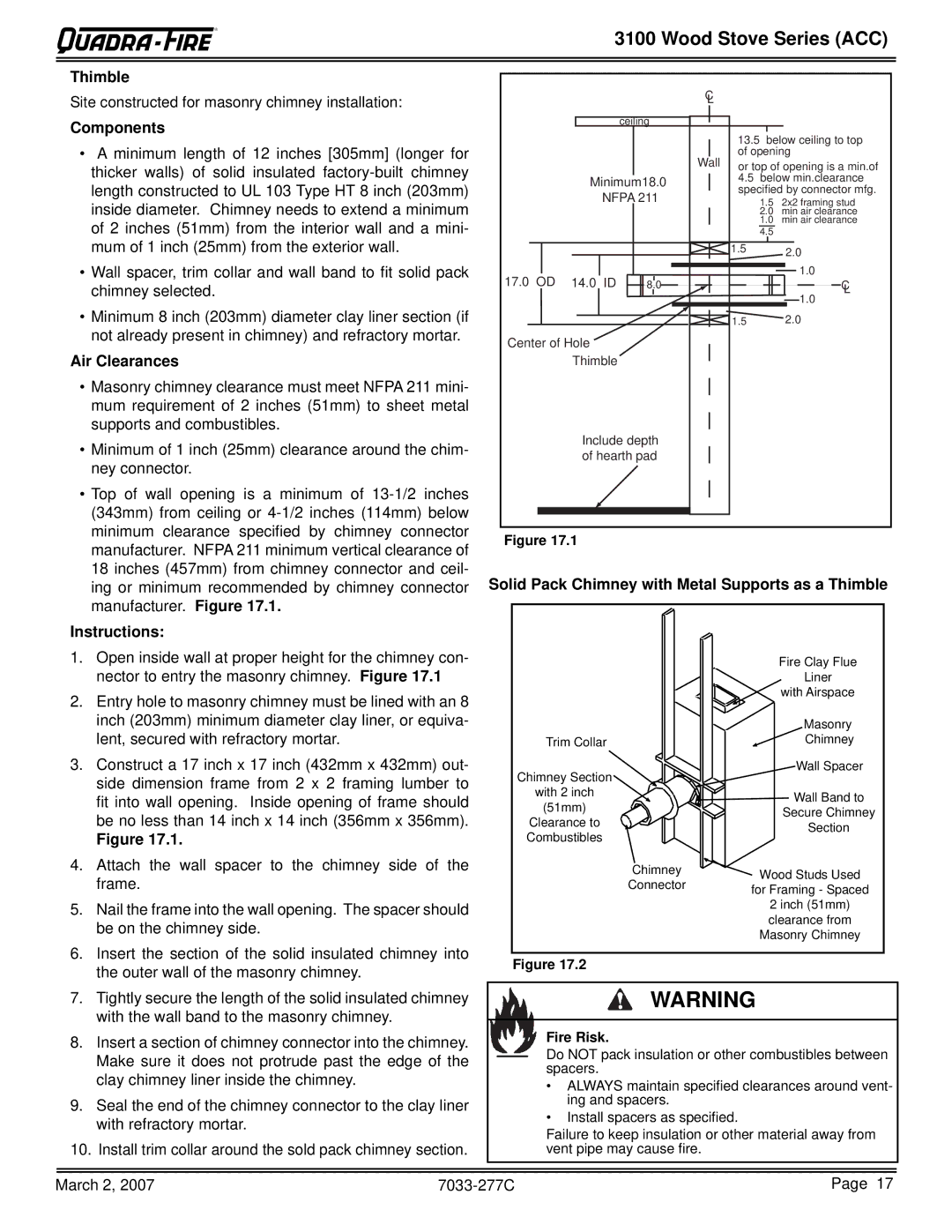 Quadra-Fire 31M-ACC-GT Components, Air Clearances, Instructions, Solid Pack Chimney with Metal Supports as a Thimble 