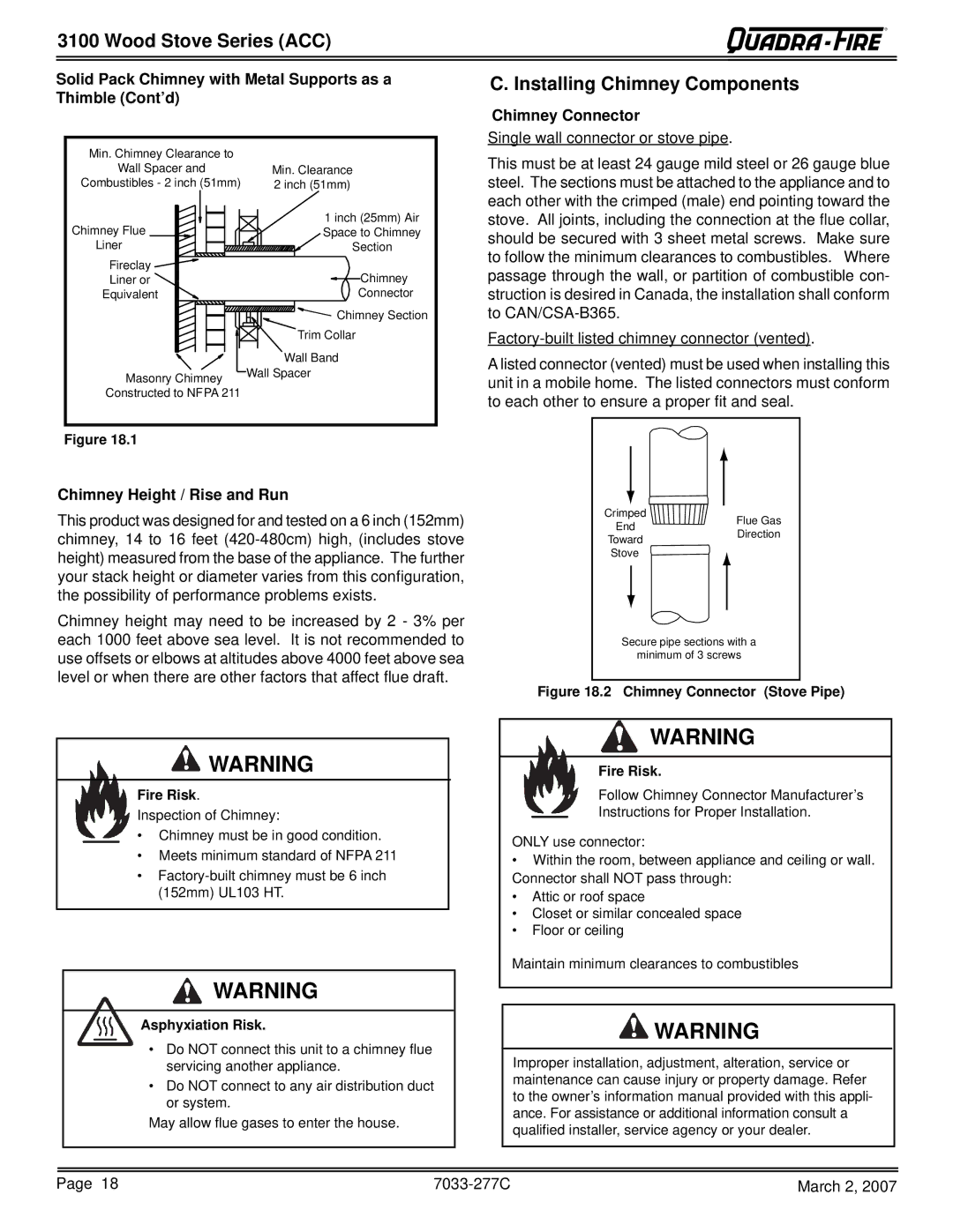 Quadra-Fire 31M-ACC-NT, 31ST-ACC Installing Chimney Components, Solid Pack Chimney with Metal Supports as a Thimble Cont’d 