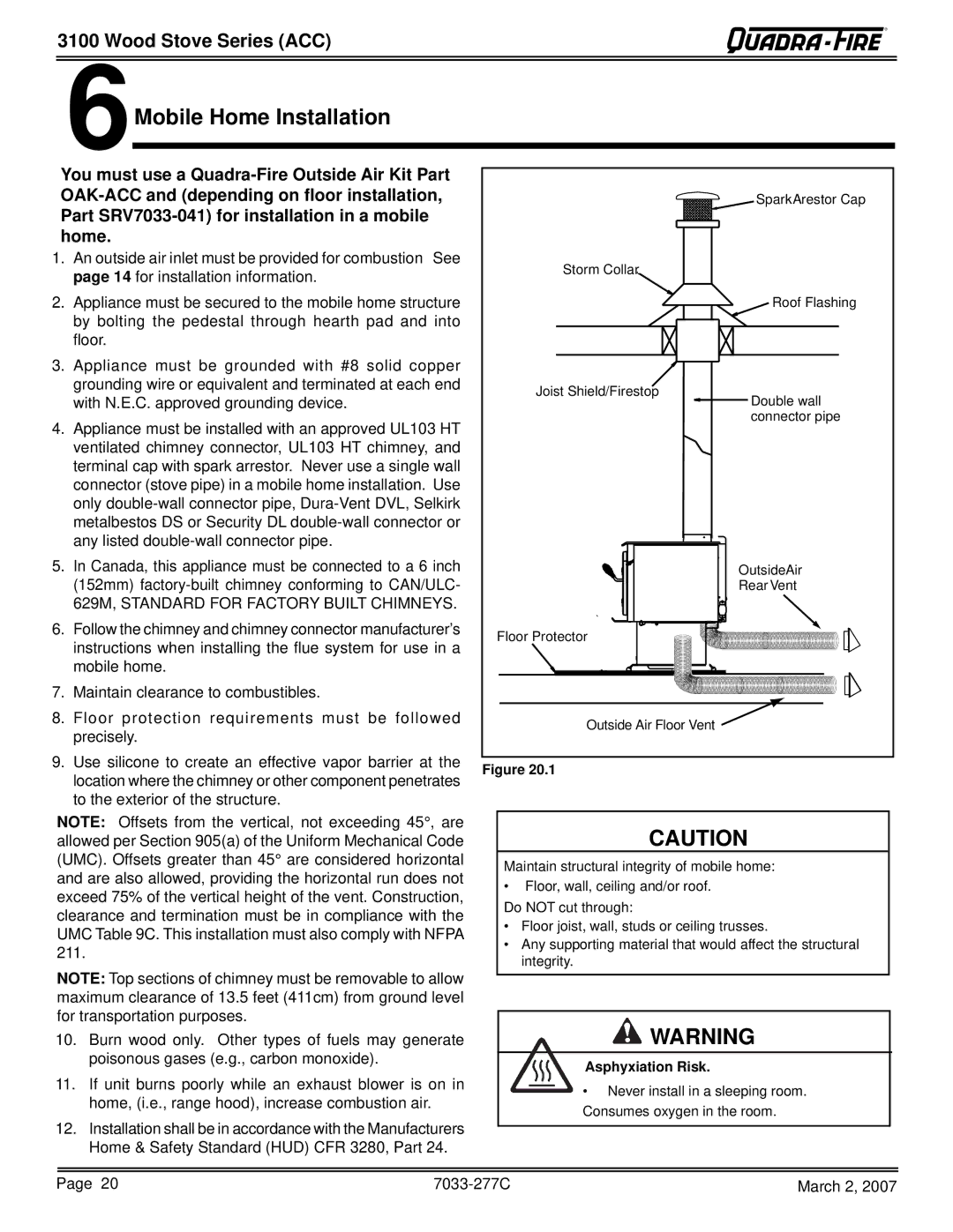 Quadra-Fire 31ST-ACC, 31M-ACC-GT, 31M-ACC-NT Mobile Home Installation, Part SRV7033-041 for installation in a mobile Home 