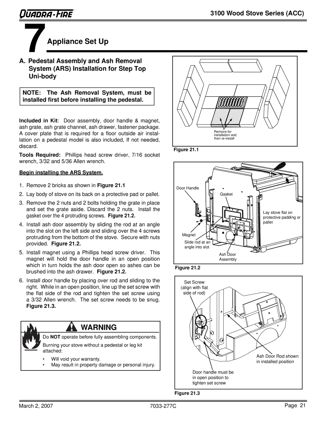 Quadra-Fire 31M-ACC-GT, 31ST-ACC, 31M-ACC-NT, 31M-ACC-MBK owner manual 7Appliance Set Up, Begin installing the ARS System 