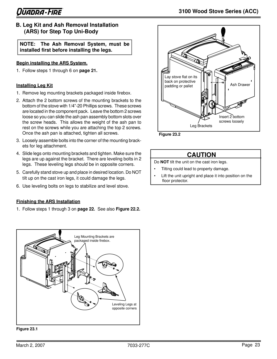 Quadra-Fire 31M-ACC-MBK, 31ST-ACC, 31M-ACC-GT Installing Leg Kit, Attach the 2 bottom screws of the mounting brackets to 