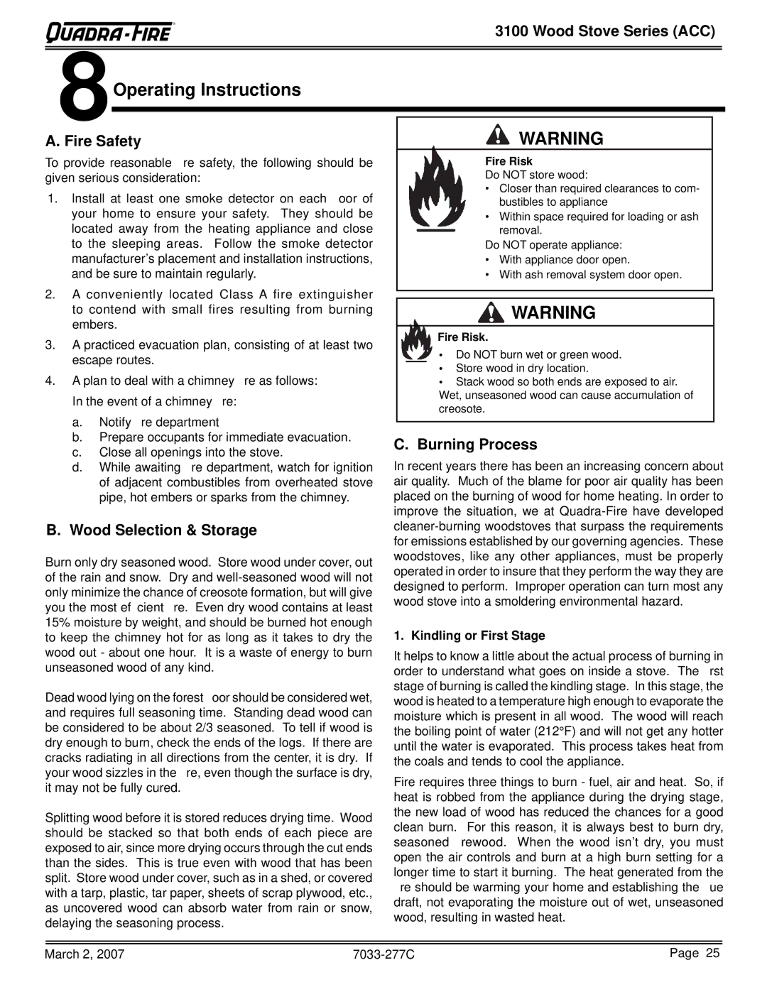 Quadra-Fire 31M-ACC-GT Operating Instructions, Burning Process, Wood Selection & Storage, Kindling or First Stage 