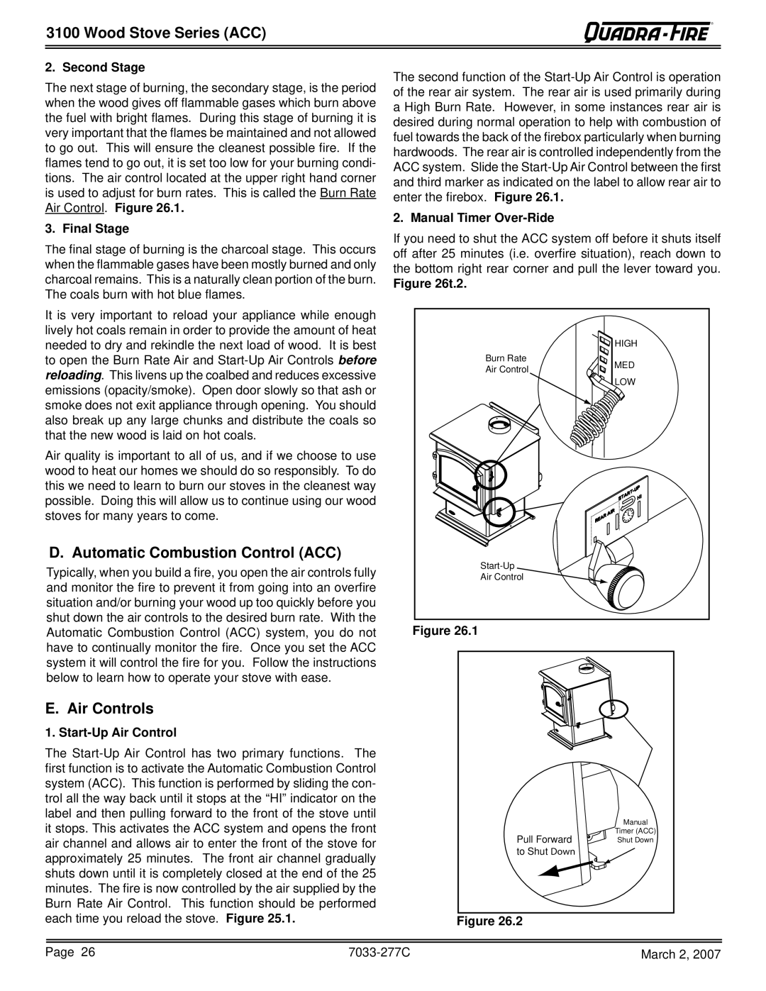 Quadra-Fire 31M-ACC-NT, 31ST-ACC, 31M-ACC-GT, 31M-ACC-MBK owner manual Automatic Combustion Control ACC, Air Controls 