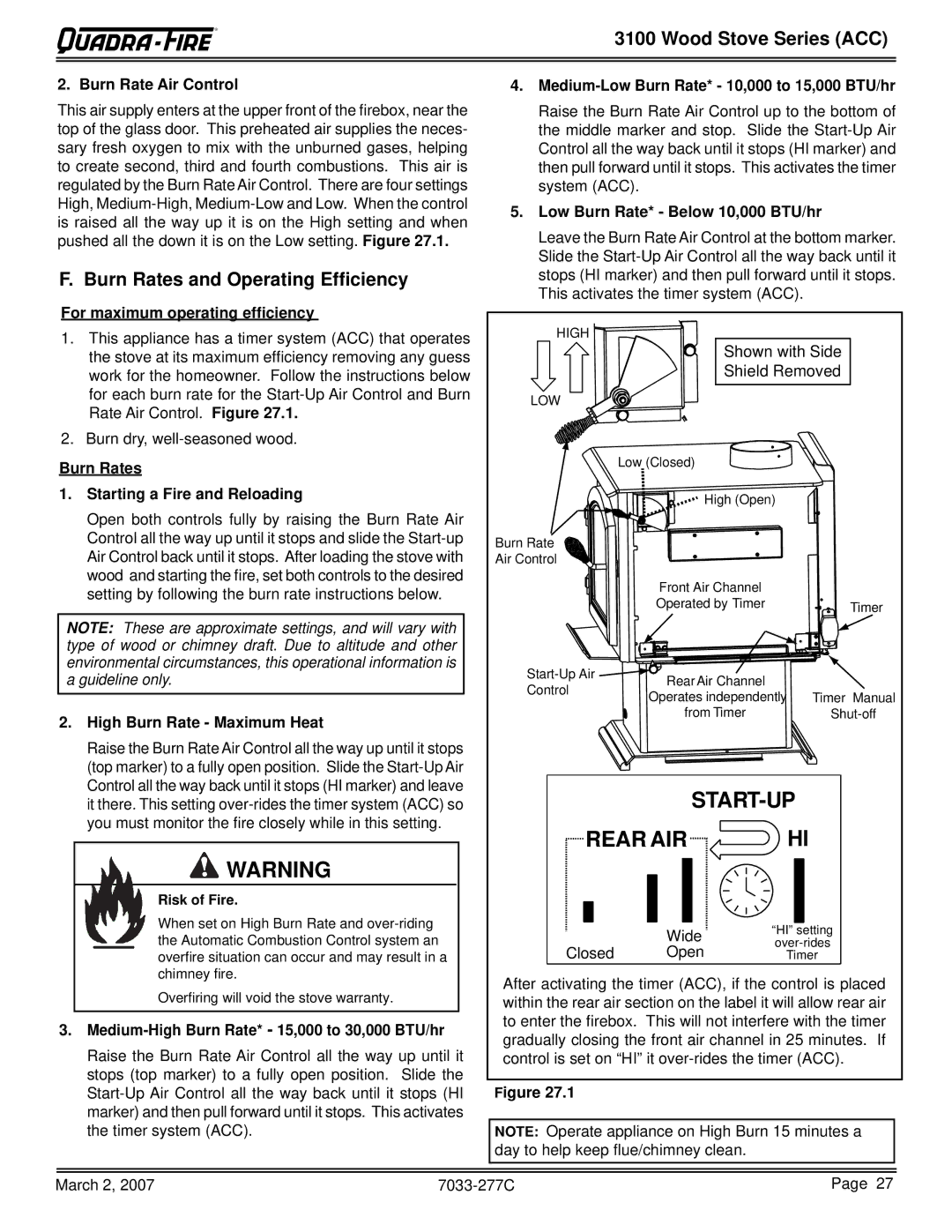 Quadra-Fire 31M-ACC-MBK, 31ST-ACC, 31M-ACC-GT, 31M-ACC-NT owner manual Burn Rates and Operating Efﬁciency 