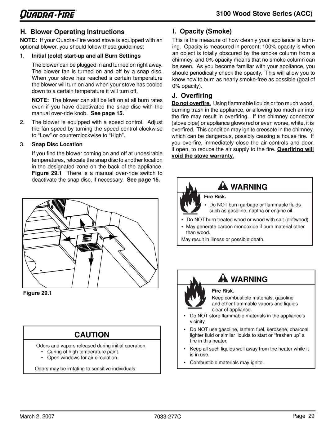 Quadra-Fire 31M-ACC-GT Wood Stove Series ACC Blower Operating Instructions, Opacity Smoke, Overﬁring, Snap Disc Location 