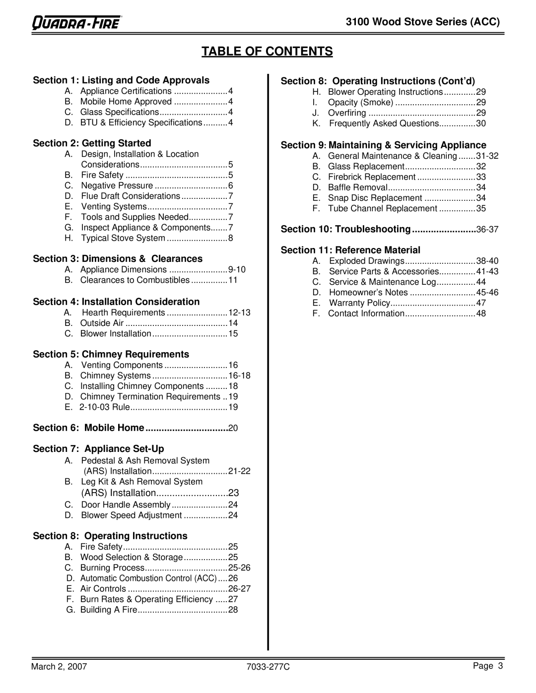 Quadra-Fire 31M-ACC-MBK, 31ST-ACC, 31M-ACC-GT, 31M-ACC-NT owner manual Table of Contents 