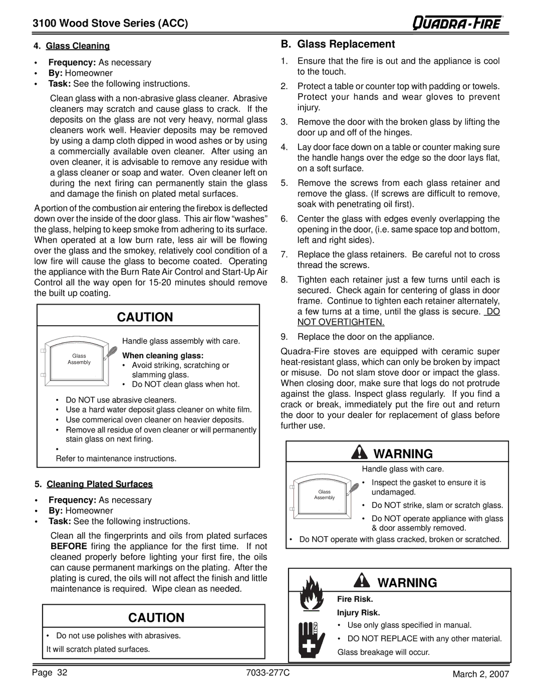 Quadra-Fire 31ST-ACC, 31M-ACC-GT Glass Replacement, Glass Cleaning, Cleaning Plated Surfaces, Fire Risk Injury Risk 