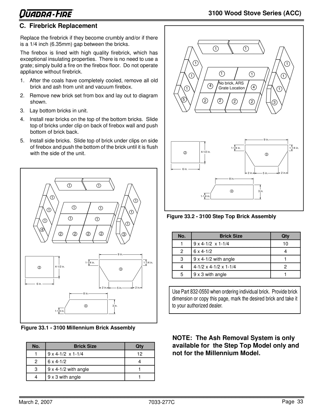 Quadra-Fire 31M-ACC-GT, 31ST-ACC, 31M-ACC-NT, 31M-ACC-MBK Wood Stove Series ACC Firebrick Replacement, Brick Size Qty 