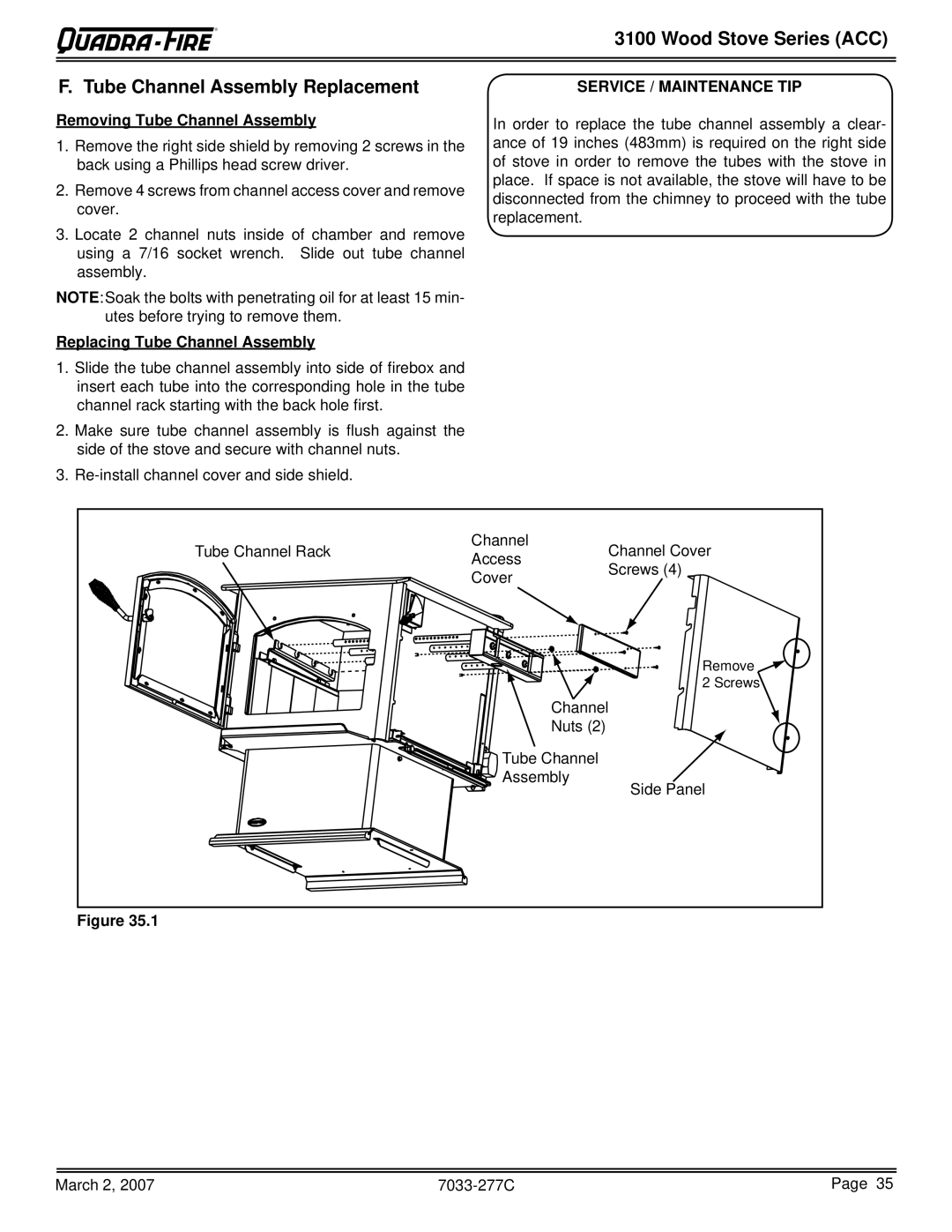 Quadra-Fire 31M-ACC-MBK, 31ST-ACC Wood Stove Series ACC Tube Channel Assembly Replacement, Removing Tube Channel Assembly 