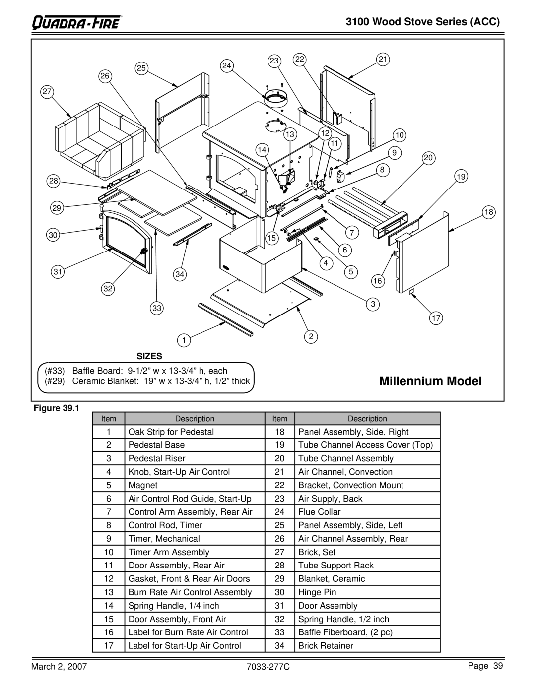 Quadra-Fire 31M-ACC-MBK, 31ST-ACC, 31M-ACC-GT, 31M-ACC-NT owner manual Sizes 