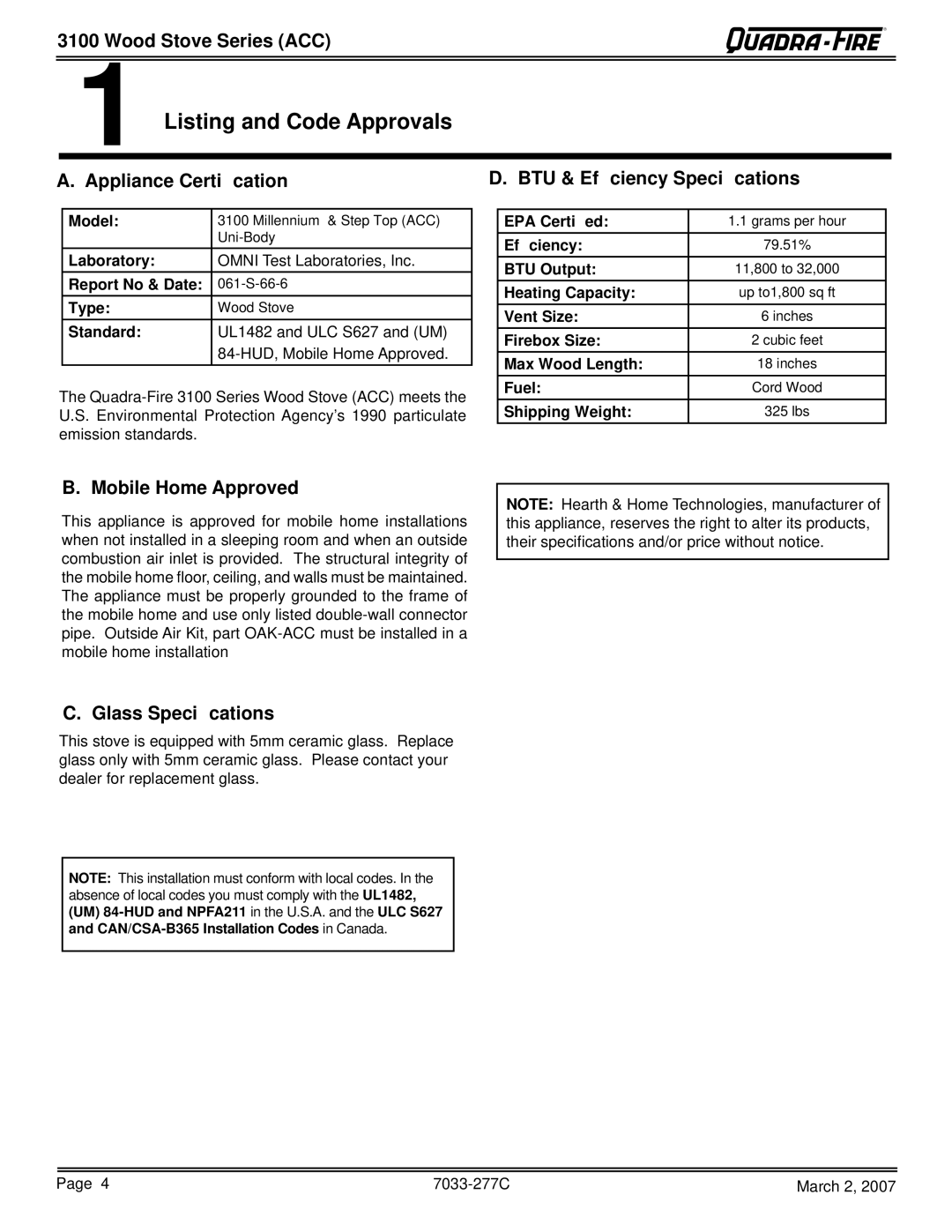 Quadra-Fire 31ST-ACC, 31M-ACC-GT Listing and Code Approvals, BTU & Efﬁciency Speciﬁcations, Appliance Certiﬁcation 