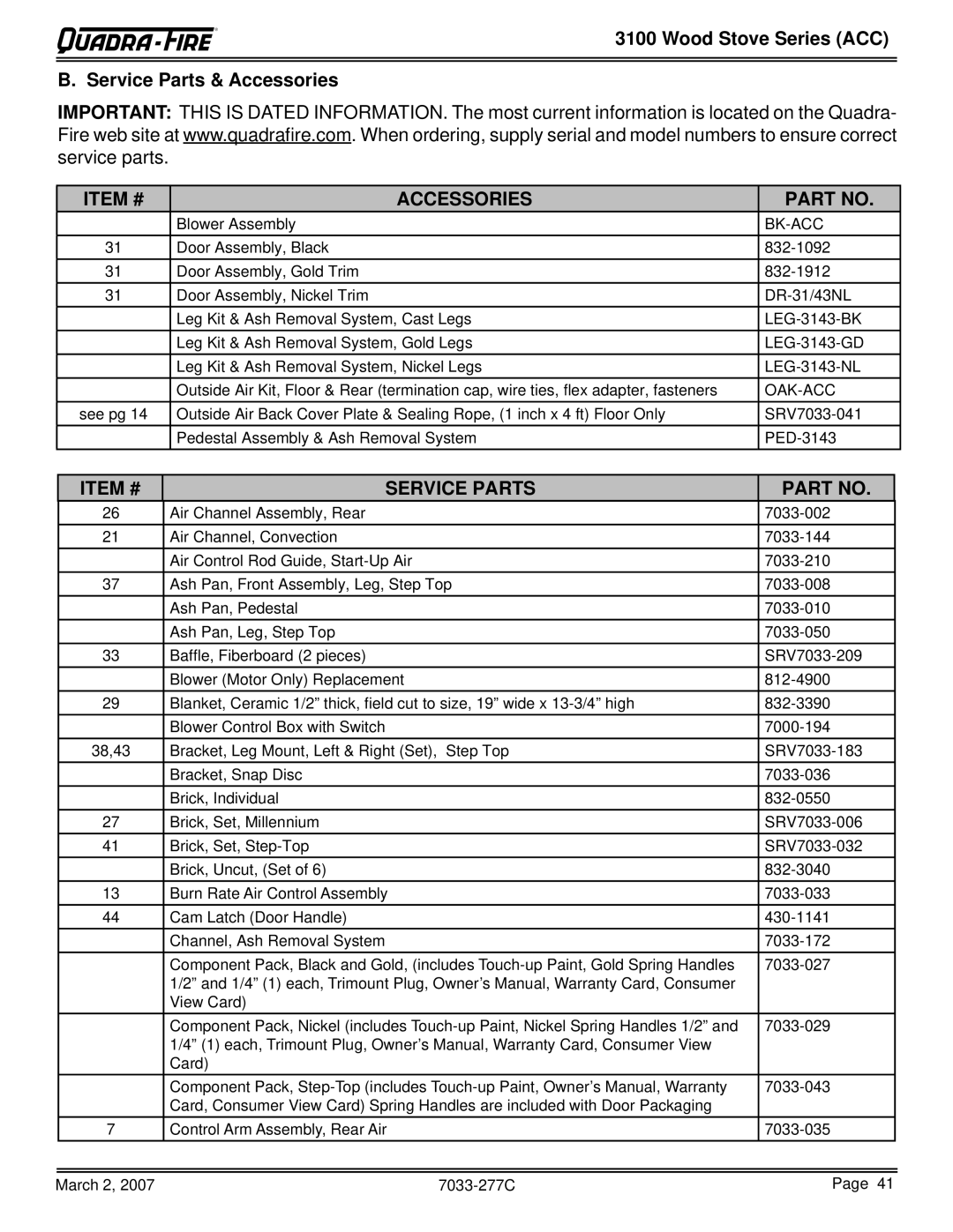 Quadra-Fire 31M-ACC-GT, 31ST-ACC, 31M-ACC-NT Wood Stove Series ACC Service Parts & Accessories, Item # Accessories 