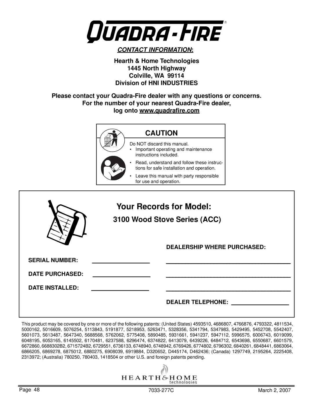 Quadra-Fire 31ST-ACC, 31M-ACC-GT, 31M-ACC-NT, 31M-ACC-MBK owner manual Wood Stove Series ACC, Contact Information 