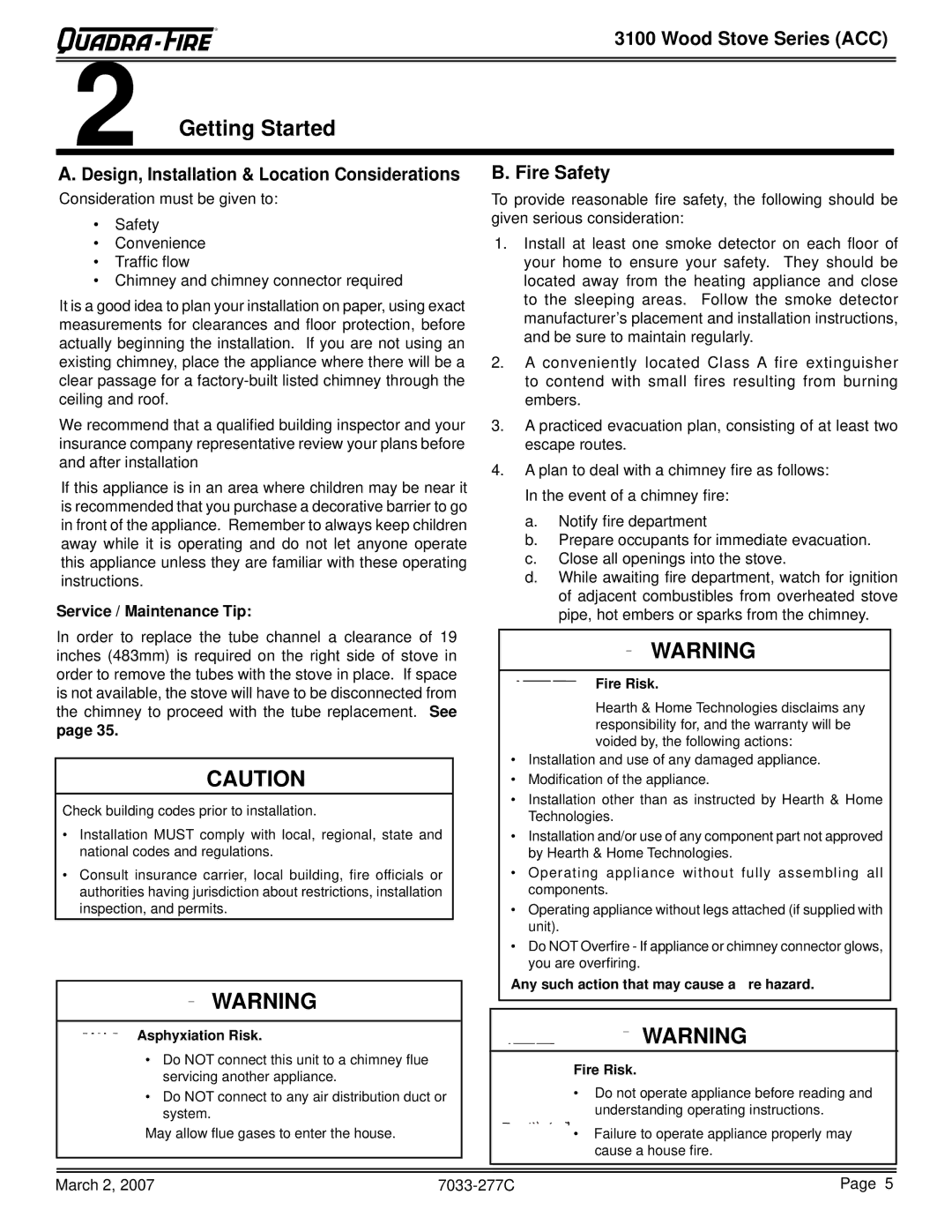 Quadra-Fire 31M-ACC-GT, 31ST-ACC, 31M-ACC-NT, 31M-ACC-MBK Fire Safety, Service / Maintenance Tip, Asphyxiation Risk 