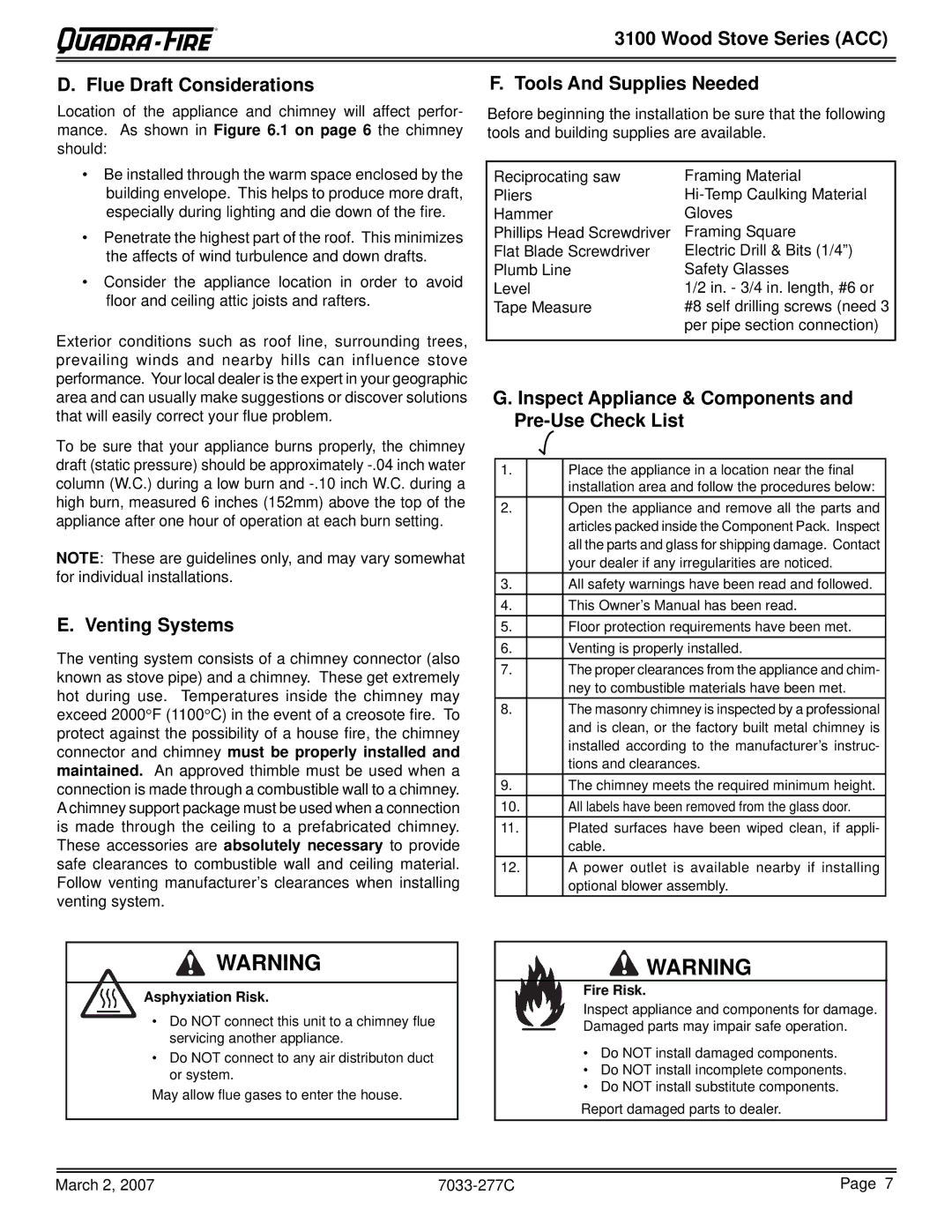 Quadra-Fire 31M-ACC-MBK Wood Stove Series ACC Flue Draft Considerations, Venting Systems, Tools And Supplies Needed 