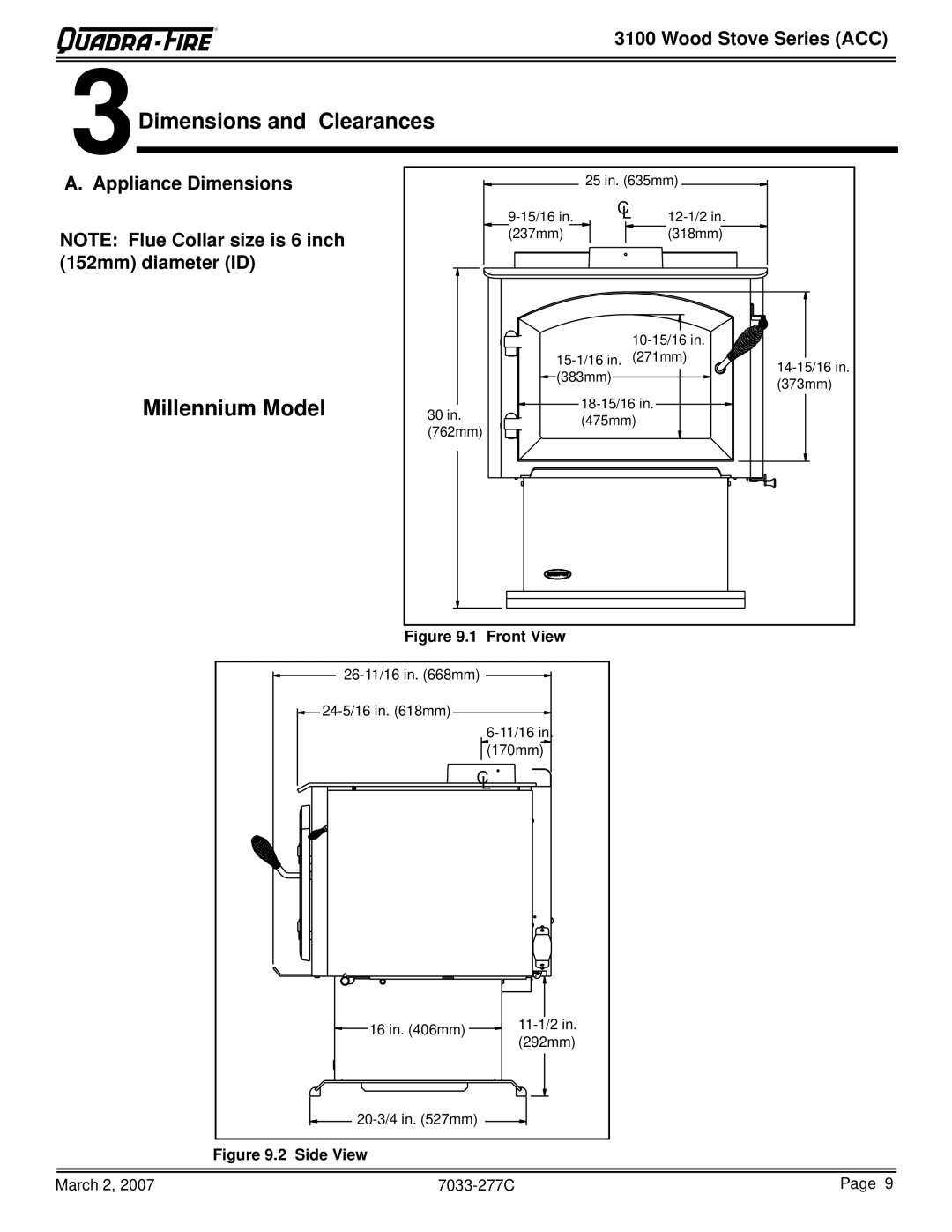 Quadra-Fire 31M-ACC-GT, 31ST-ACC, 31M-ACC-NT, 31M-ACC-MBK 3Dimensions and Clearances, Millennium Model, Appliance Dimensions 