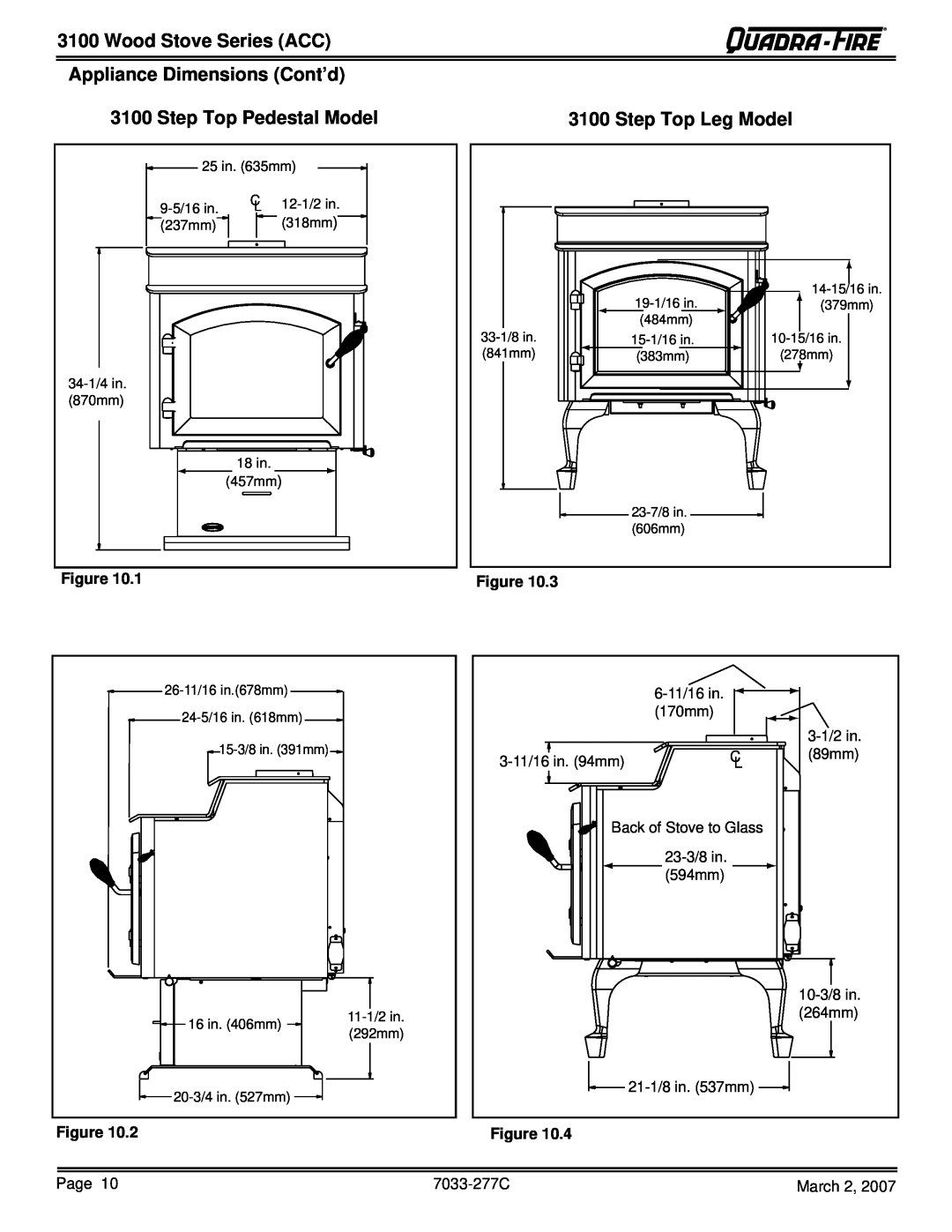 Quadra-Fire 31M-ACC-NT Wood Stove Series ACC, Appliance Dimensions Cont’d, Step Top Pedestal Model, Step Top Leg Model 
