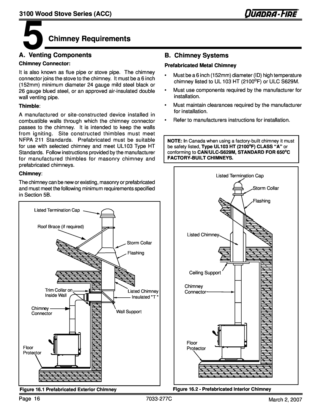 Quadra-Fire 31ST-ACC 5Chimney Requirements, Wood Stove Series ACC, A. Venting Components, B. Chimney Systems, Thimble 