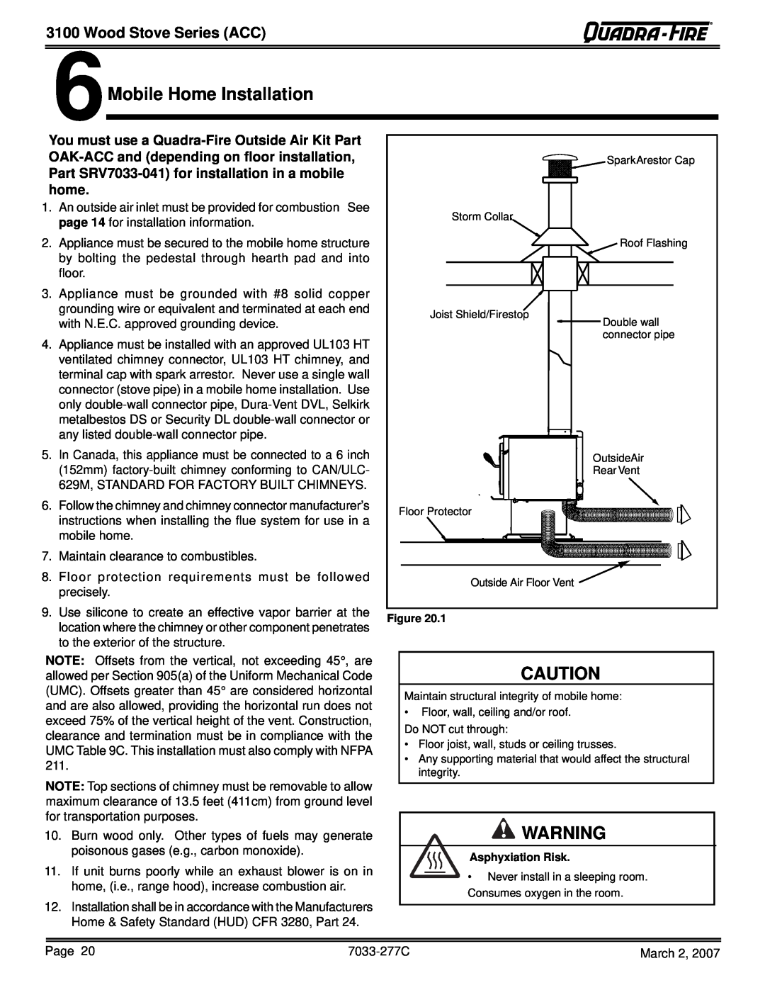 Quadra-Fire 31ST-ACC Mobile Home Installation, Wood Stove Series ACC, must use a Quadra-FireOutside Air Kit Part, You6 