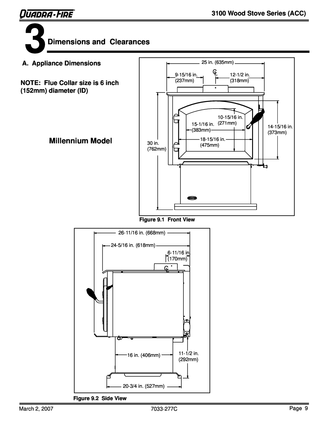 Quadra-Fire 31M-ACC-GT 3Dimensions and Clearances, Millennium Model, Wood Stove Series ACC, A. Appliance Dimensions 
