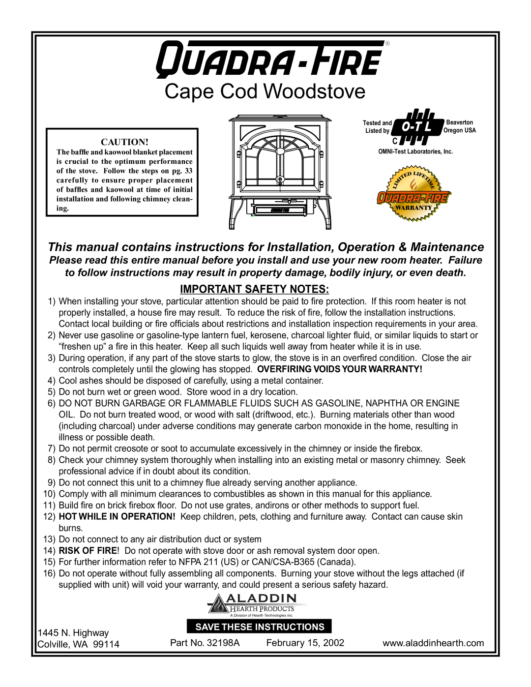 Quadra-Fire 32198A installation instructions Cape Cod Woodstove 