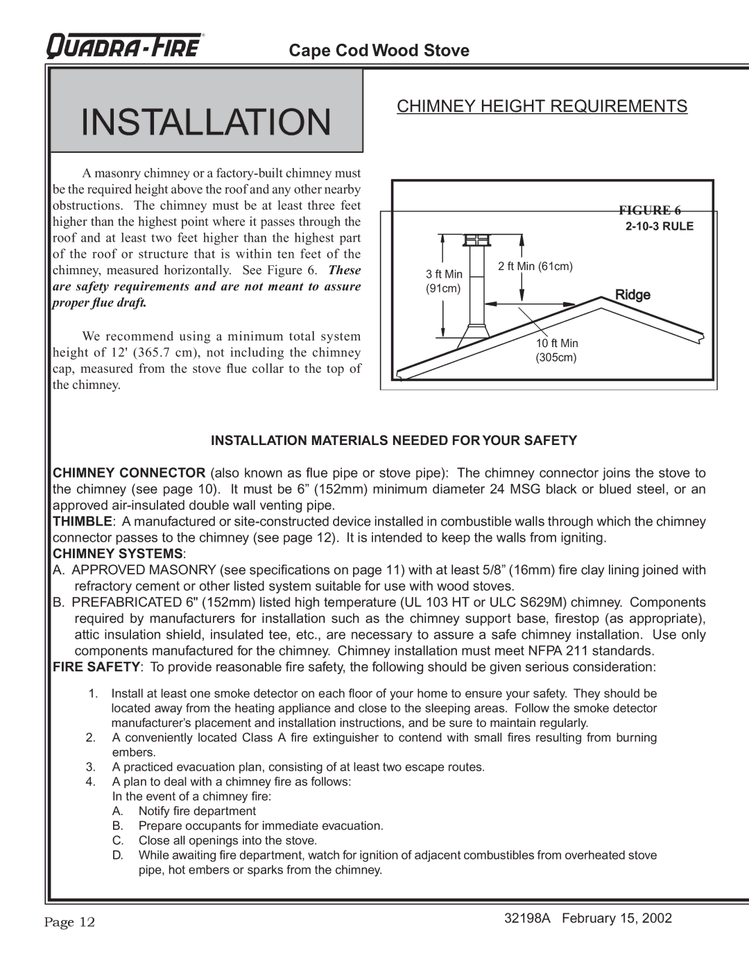 Quadra-Fire 32198A installation instructions Installation, Chimney Height Requirements 