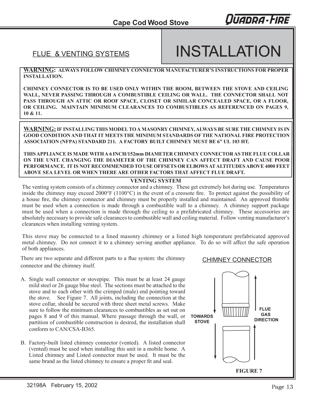 Quadra-Fire 32198A installation instructions Flue & Venting Systems 